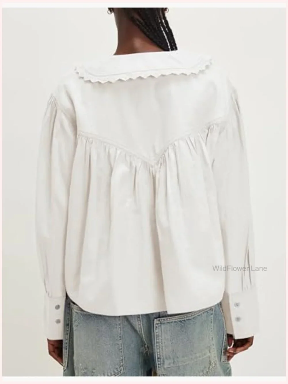 Cotton Button Down Blouse Lace Trim Loose Fit Peter Pan Collar Long Sleeve Work - Picture 3 of 7